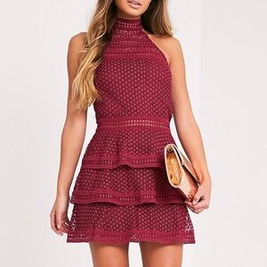 PrettyLittleThing Lace Burgundy Halter Dress Size 8